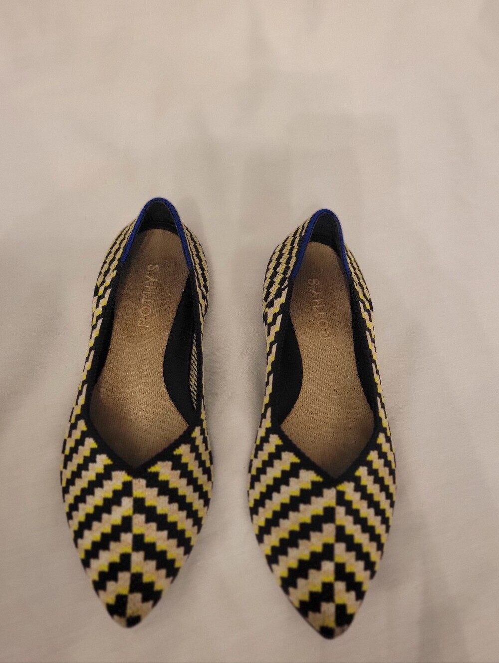 Rothy's Pointed Toe Flats in Black, White & Yellow Chevron